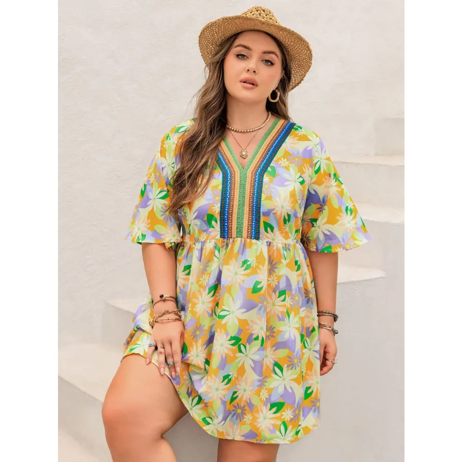 Plus Size Printed V-Neck Half Sleeve Mini Dress