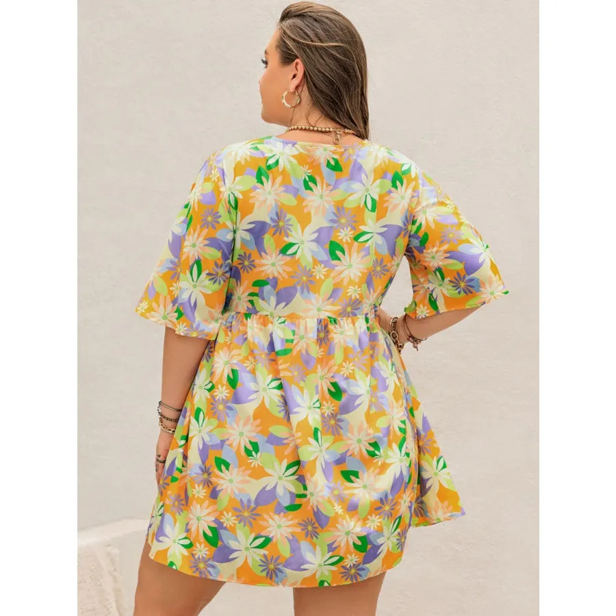 Plus Size Printed V-Neck Half Sleeve Mini Dress