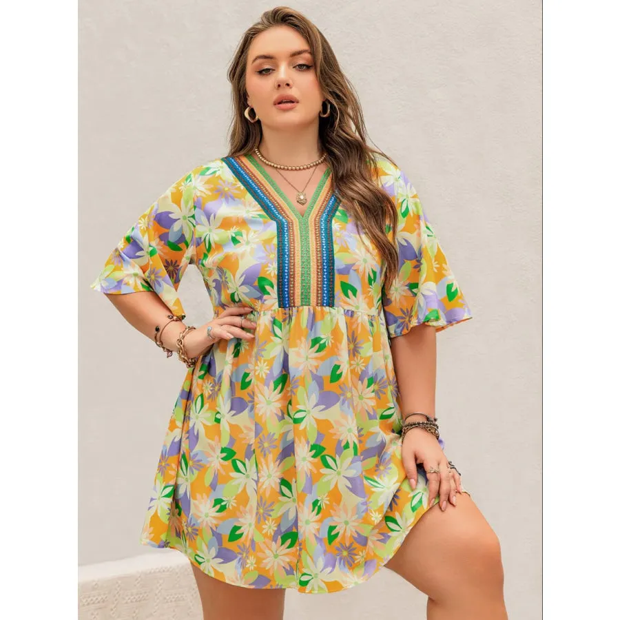 Plus Size Printed V-Neck Half Sleeve Mini Dress