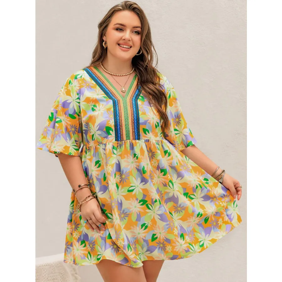 Plus Size Printed V-Neck Half Sleeve Mini Dress