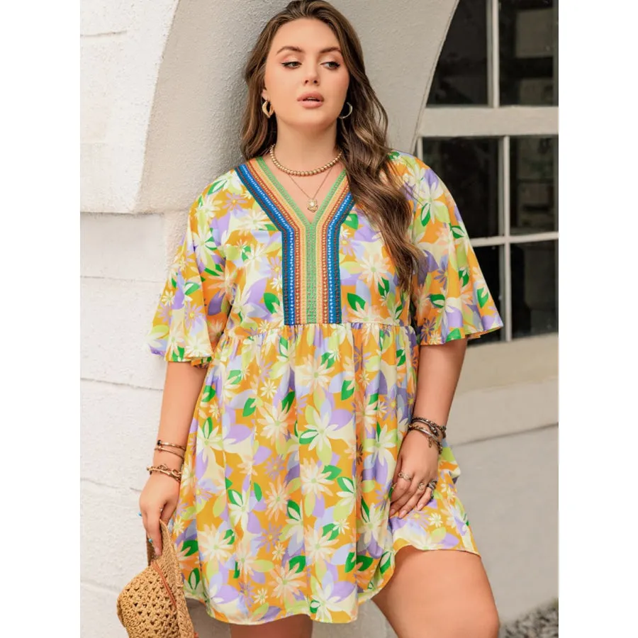 Plus Size Printed V-Neck Half Sleeve Mini Dress