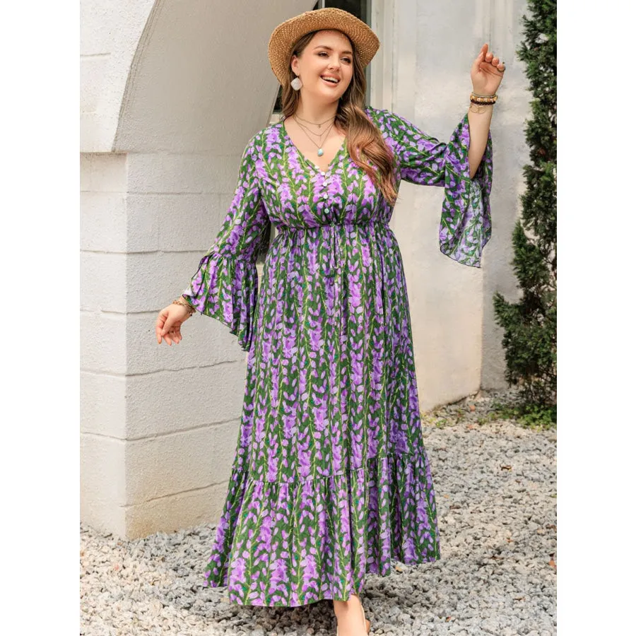 Plus Size Printed V-Neck Long Sleeve Maxi Dress