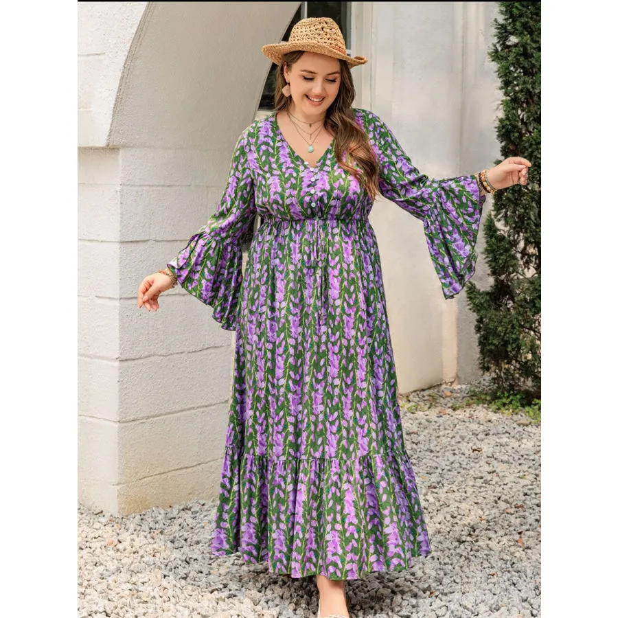 Plus Size Printed V-Neck Long Sleeve Maxi Dress