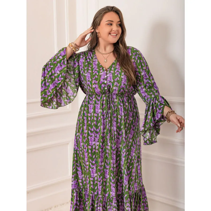 Plus Size Printed V-Neck Long Sleeve Maxi Dress