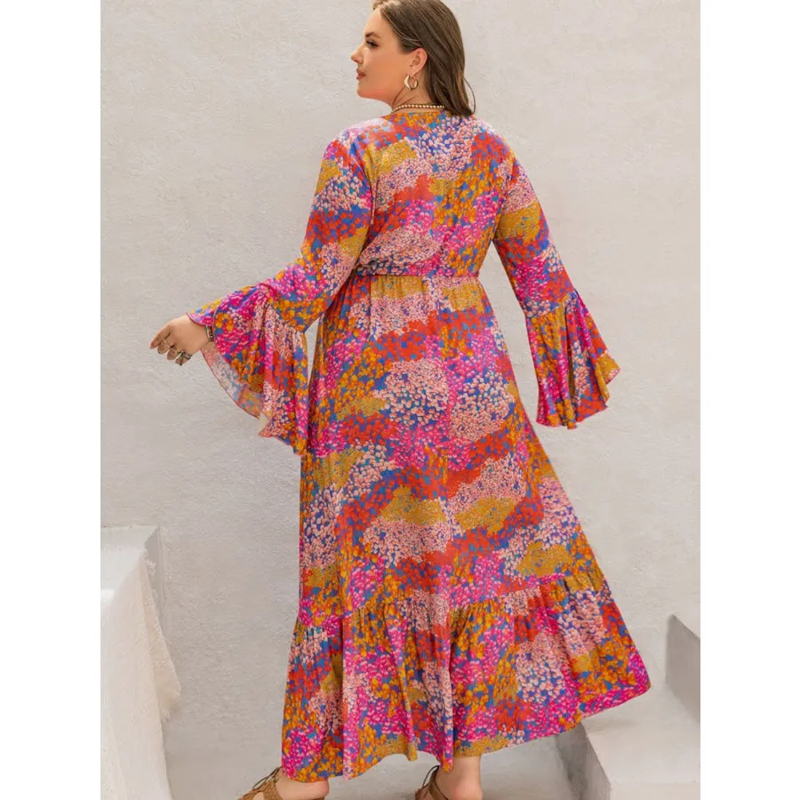 Plus Size Printed V-Neck Long Sleeve Maxi Dress