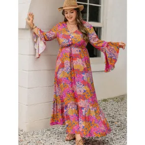 Plus Size Printed V-Neck Long Sleeve Maxi Dress