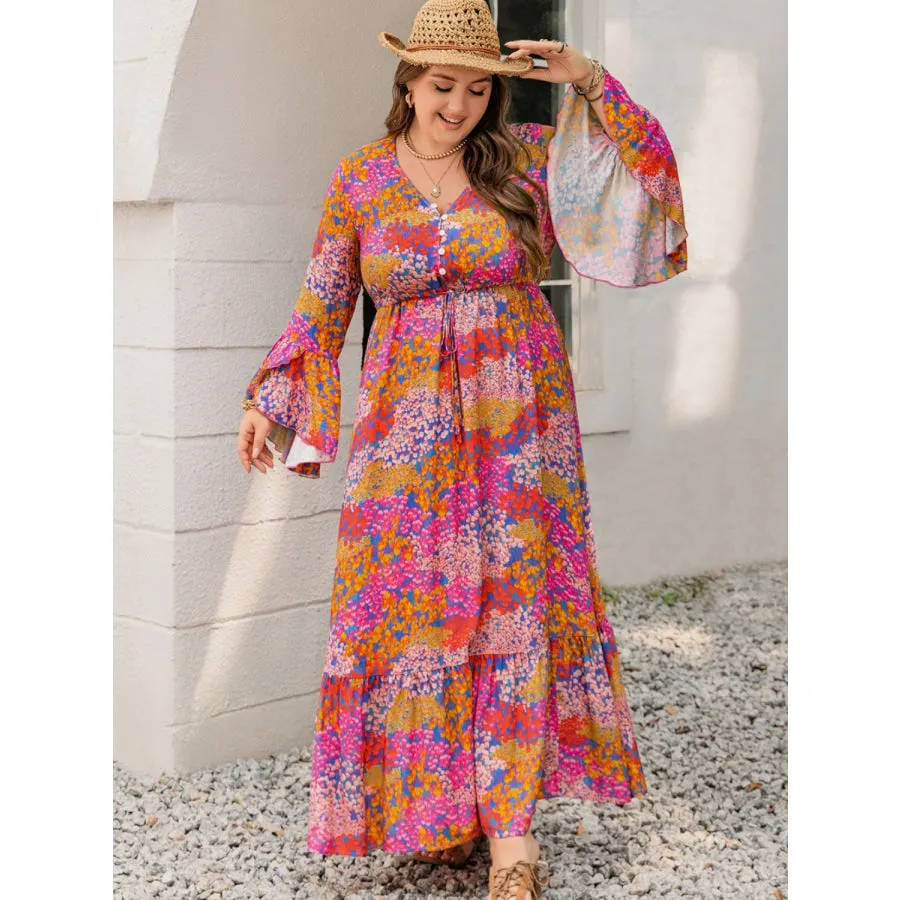 Plus Size Printed V-Neck Long Sleeve Maxi Dress