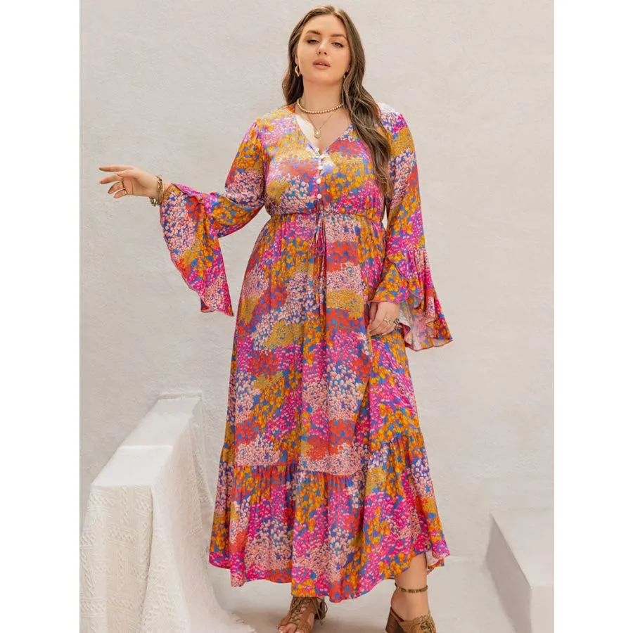 Plus Size Printed V-Neck Long Sleeve Maxi Dress