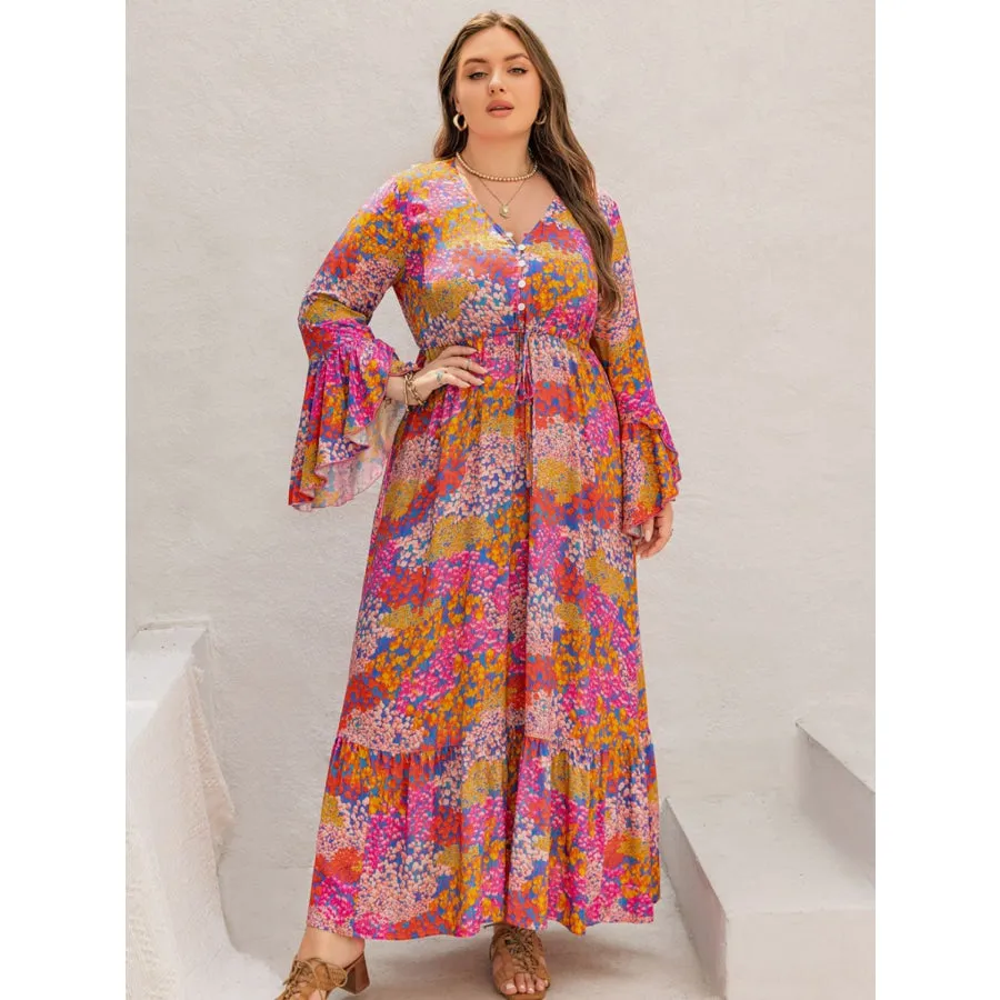 Plus Size Printed V-Neck Long Sleeve Maxi Dress