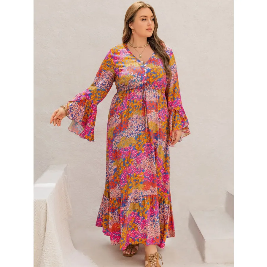 Plus Size Printed V-Neck Long Sleeve Maxi Dress