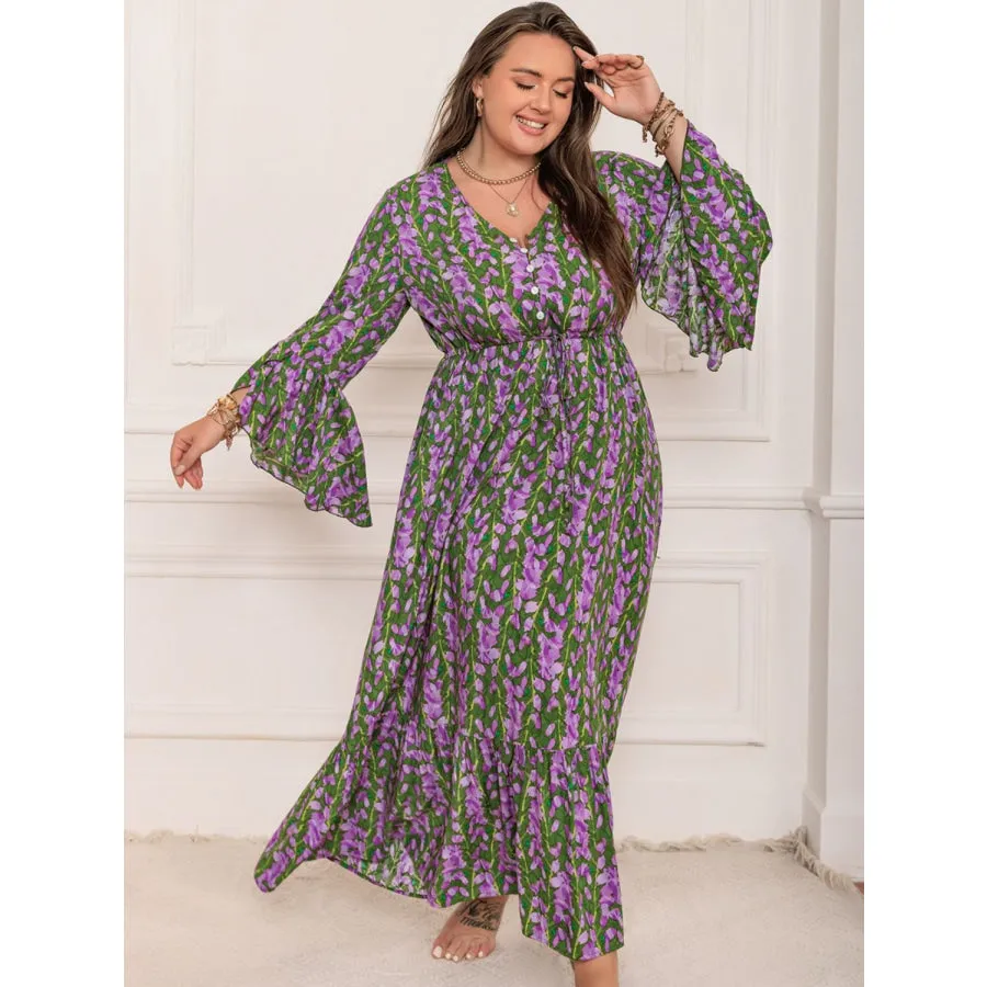 Plus Size Printed V-Neck Long Sleeve Maxi Dress