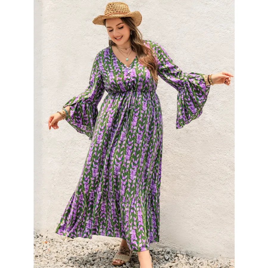 Plus Size Printed V-Neck Long Sleeve Maxi Dress