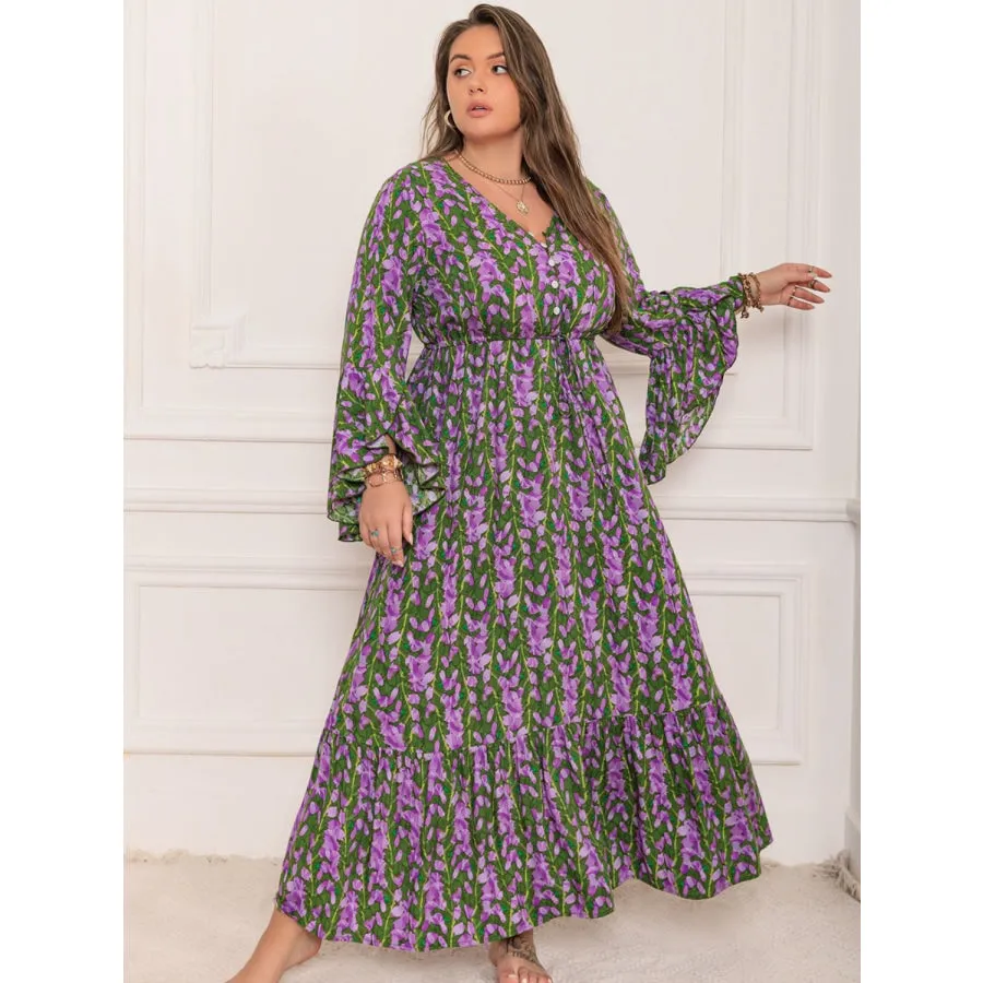 Plus Size Printed V-Neck Long Sleeve Maxi Dress