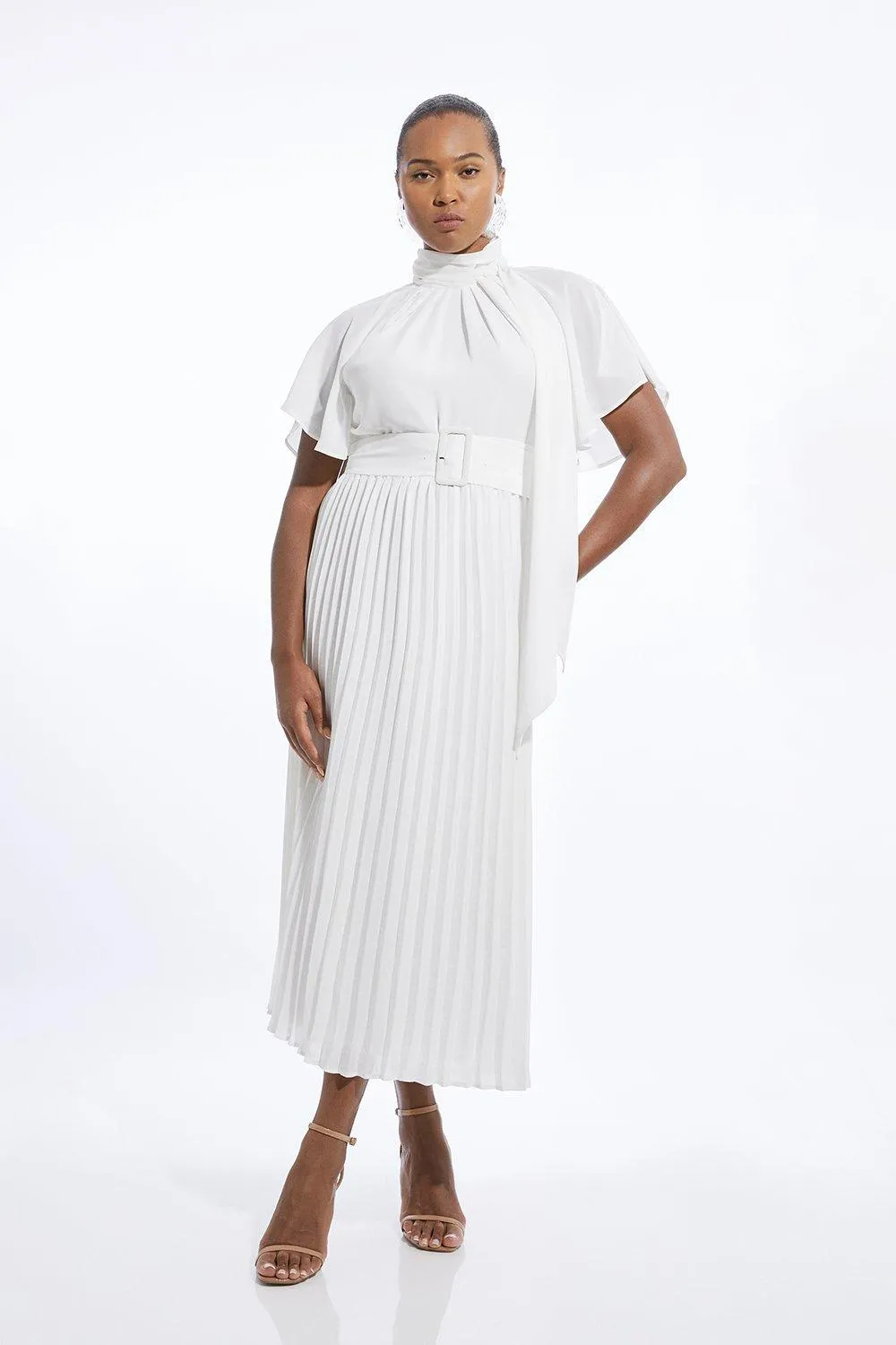 Plus Size Pussy Bow Tie Georgette Belted Woven Midi Dress | Karen Millen