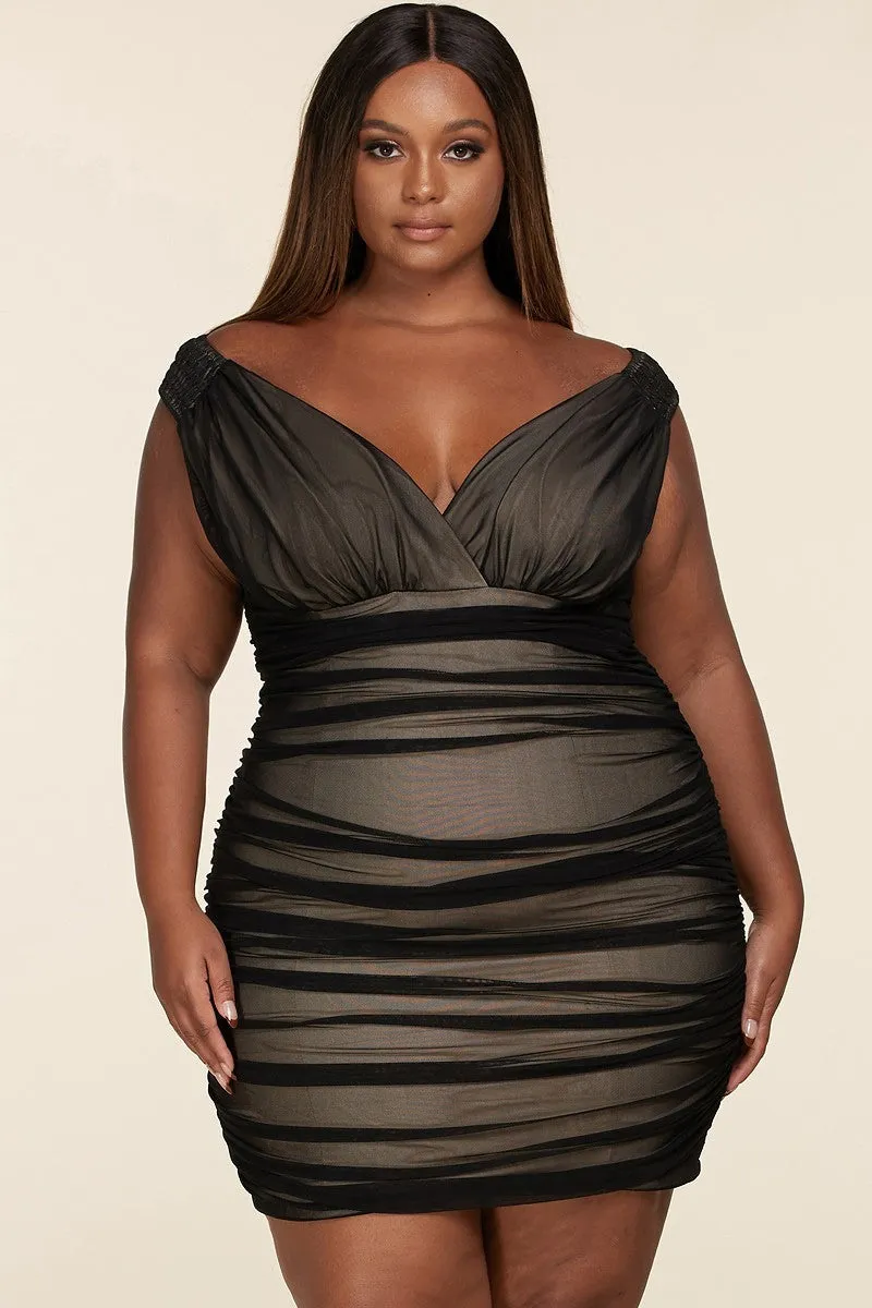 Plus-Size Runched Black Mesh Bodycon Mini Dress