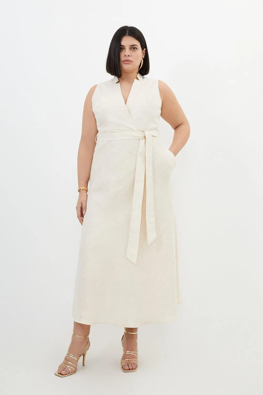 Plus Size Tailored Linen Metallic Notch Neck Maxi Dress | Karen Millen