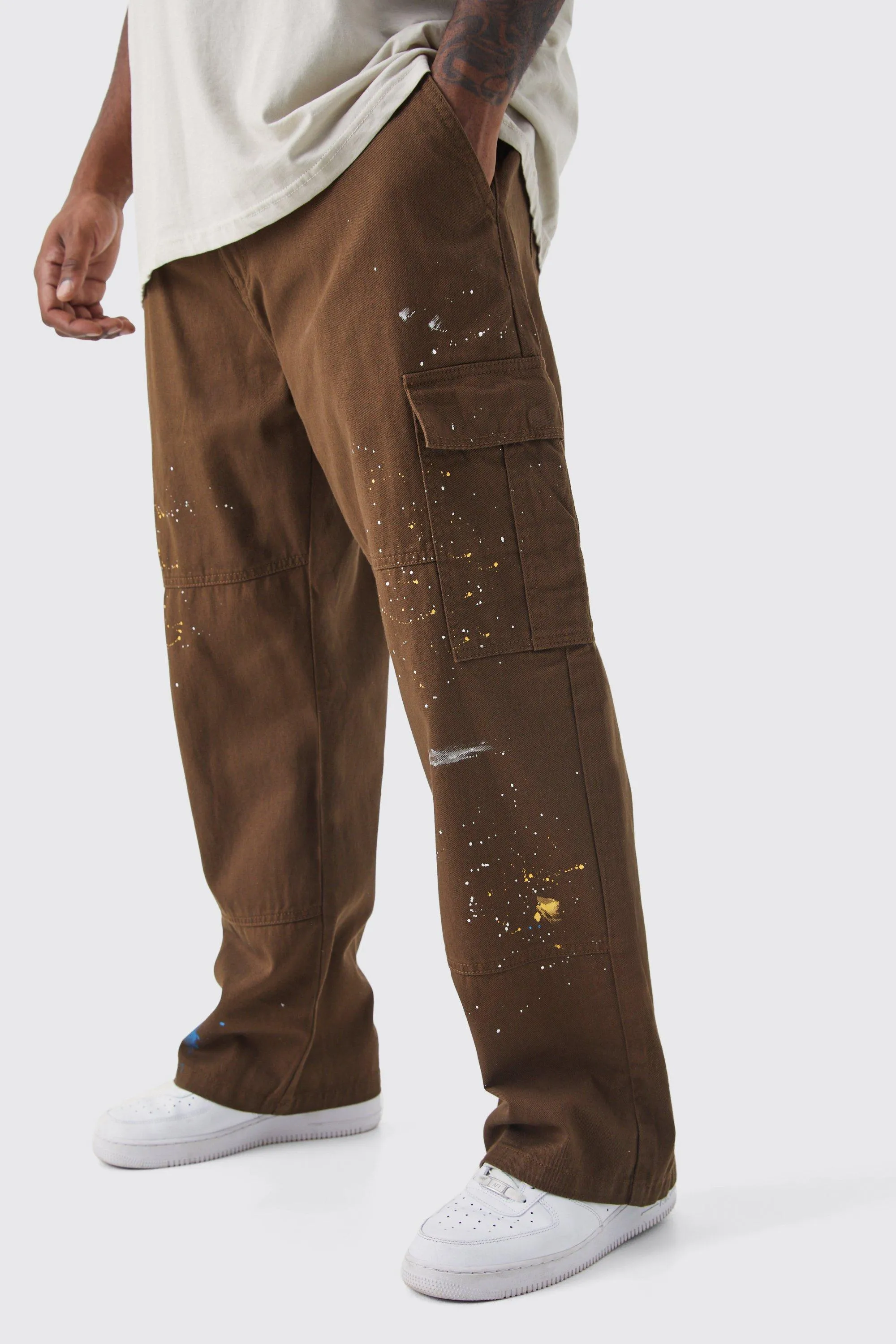 Plus Straight Leg Cargo All Over Paint Splatter Trouser | boohooMAN UK