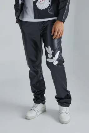 Pu Stacked Straight Leg Zip Gusset Embroidered Trouser | boohooMAN UK