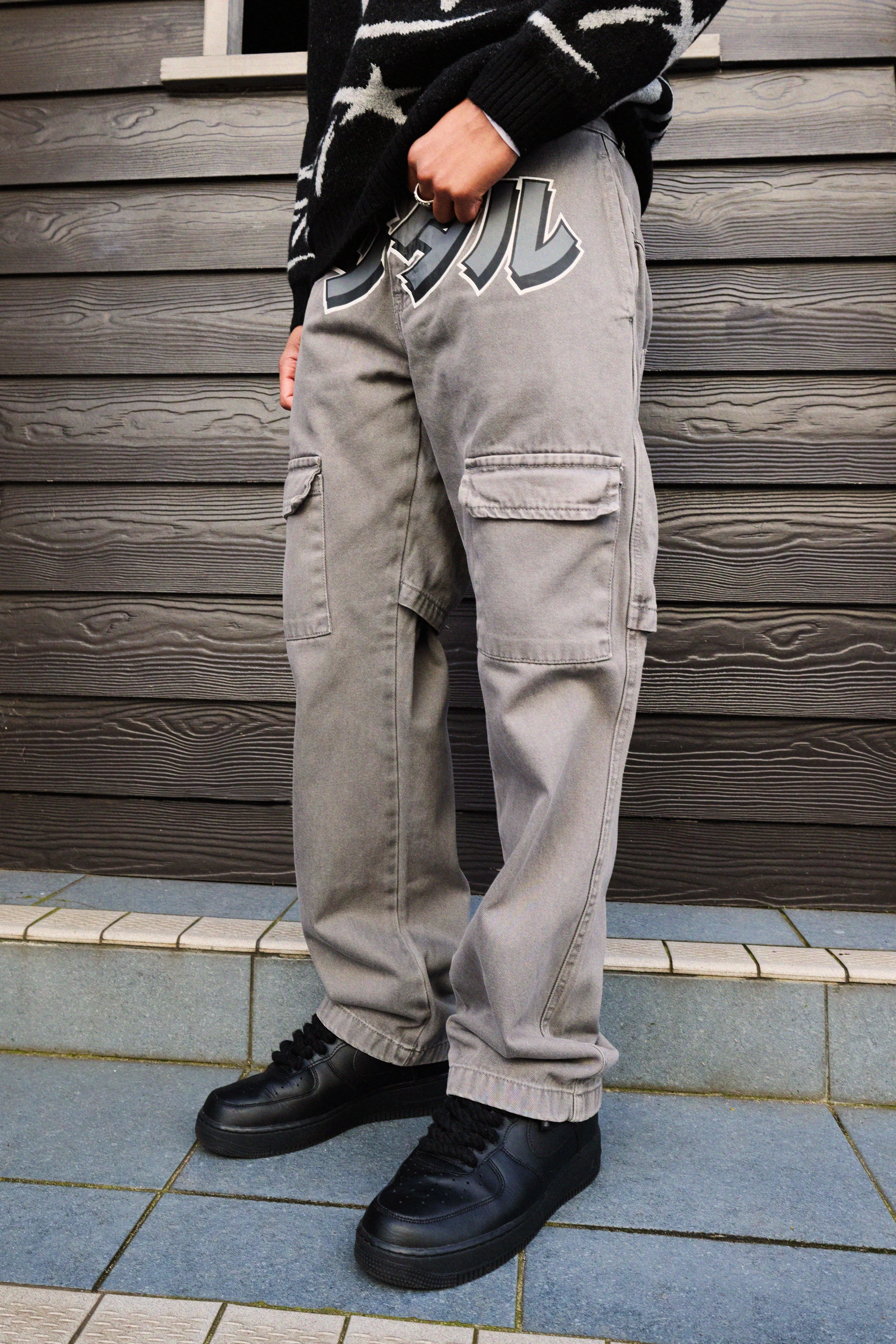 Relaxed Crotch And Leg Print Cargo Trouser | boohooMAN UK