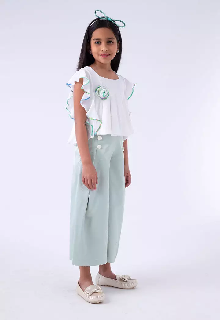 Ruffle Blouse And Wide Leg Trouser Set