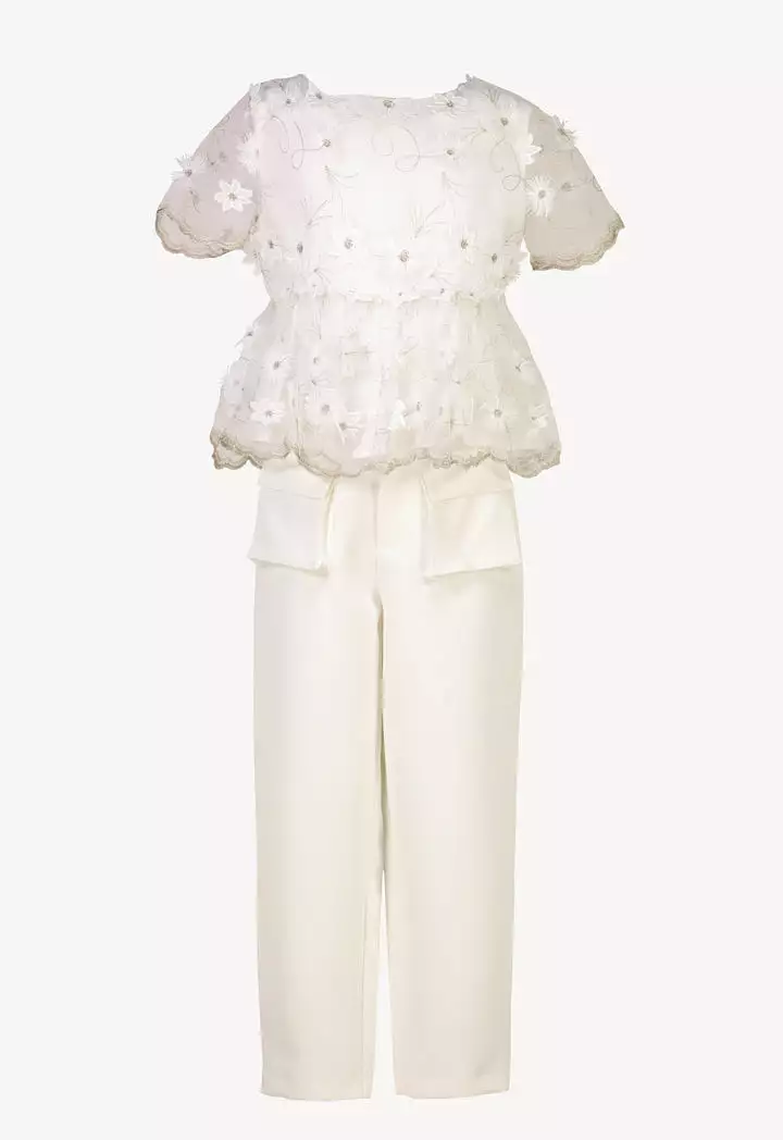 Scallop Floral Embroidery Sheer Blouse And Pants Set