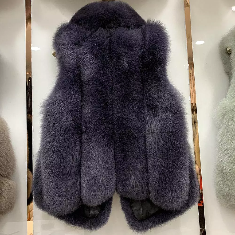 Soft Thick Plush Fox Fur Gilet With Hidden Pockets and Collar