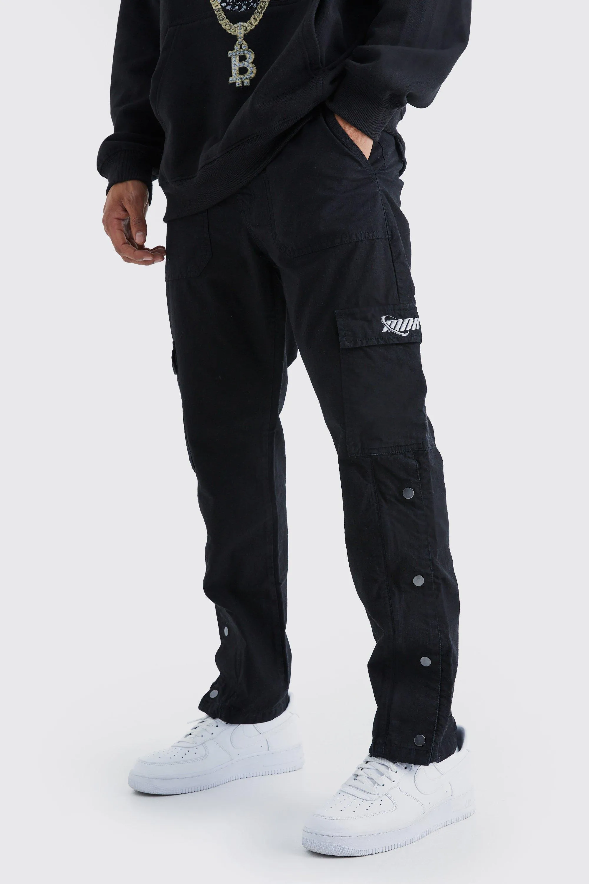 Straight Leg Cargo Popper Hem Ripstop Branded Trouser | boohooMAN UK