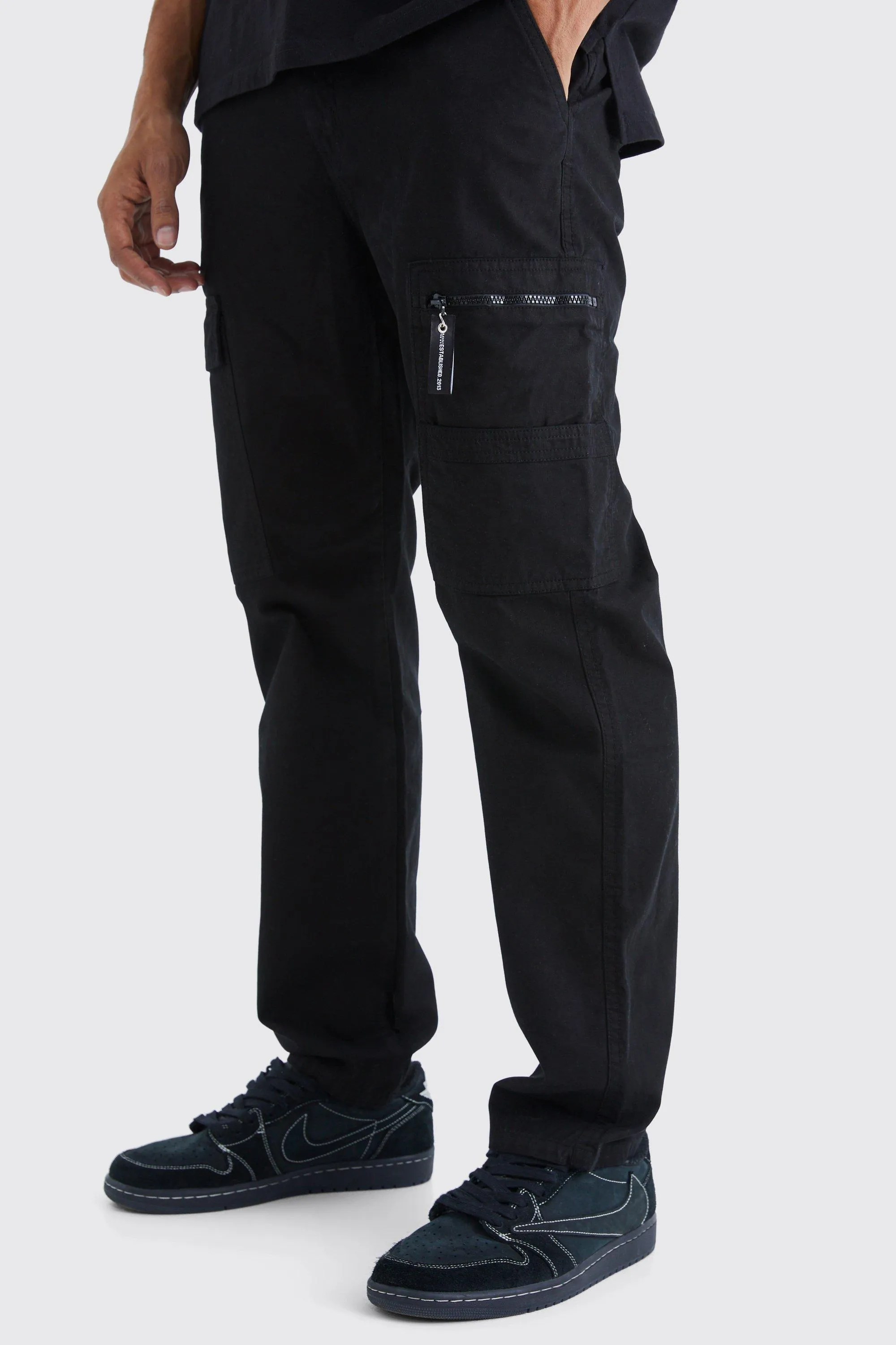 Straight Leg Cargo Trouser With Branded Zip Puller | boohooMAN UK