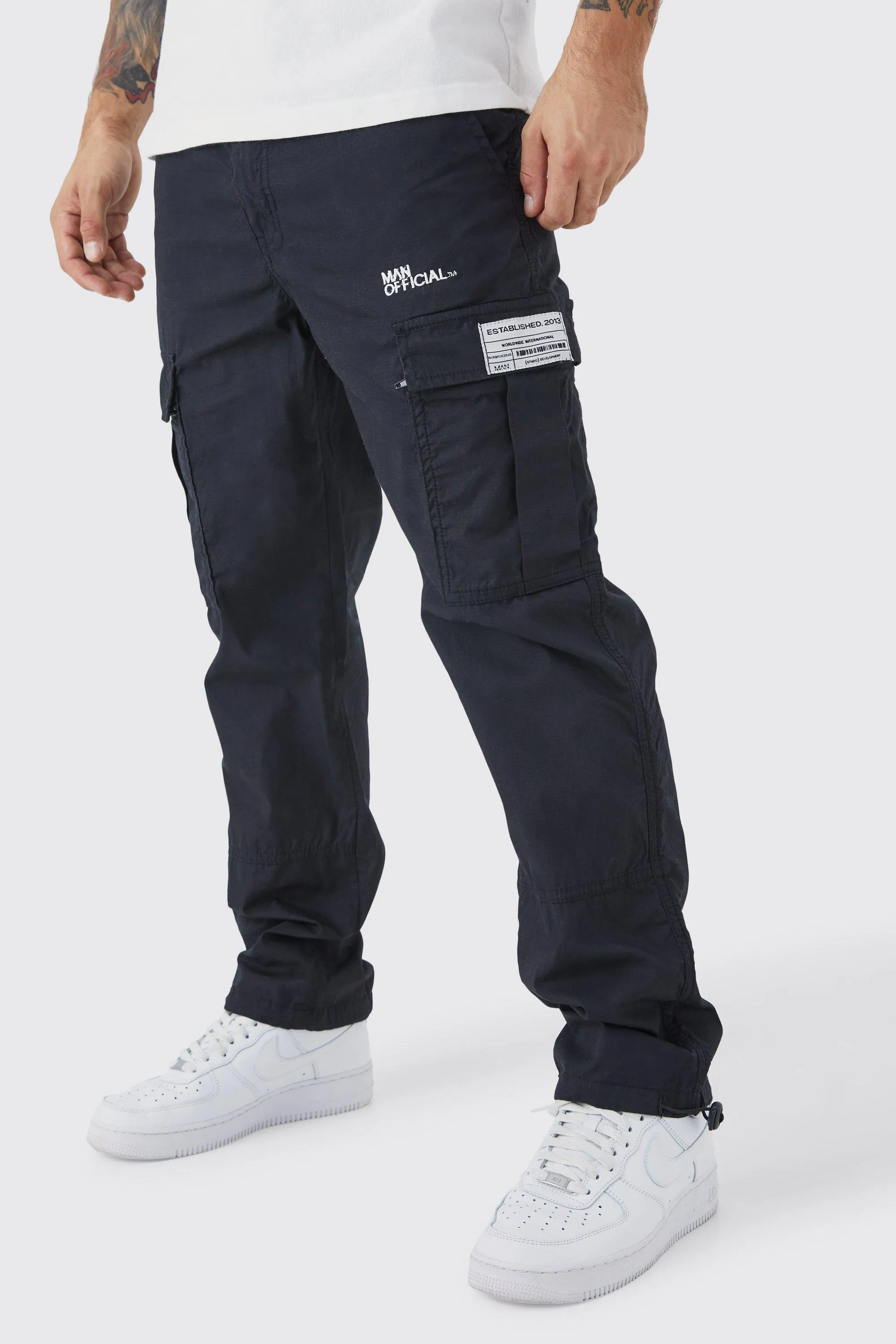 Straight Leg Zip Cargo Ripstop Trouser With Woven Tab | boohooMAN UK