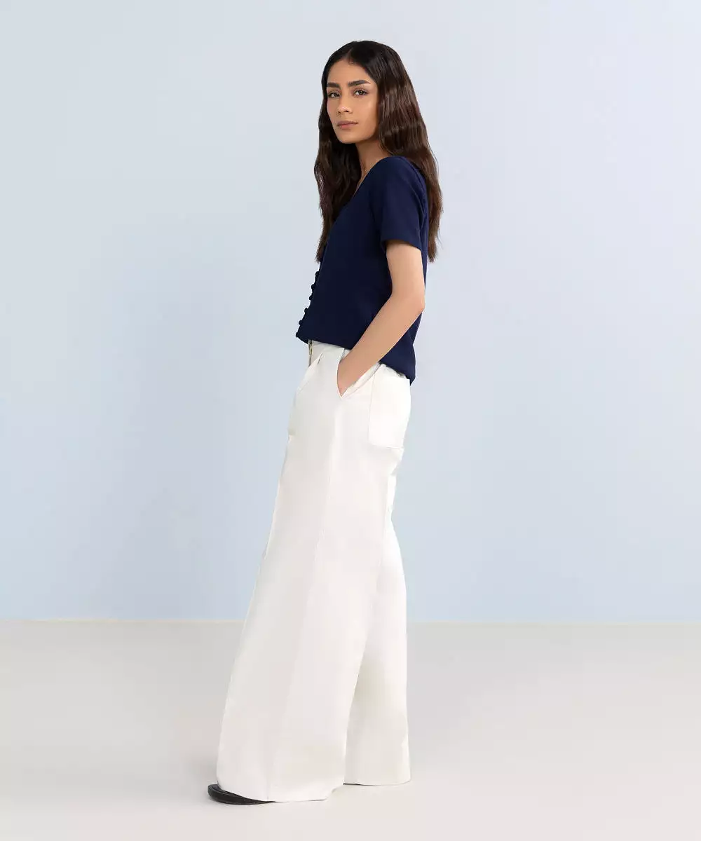 Stretched Cotton Wide Leg Trousers