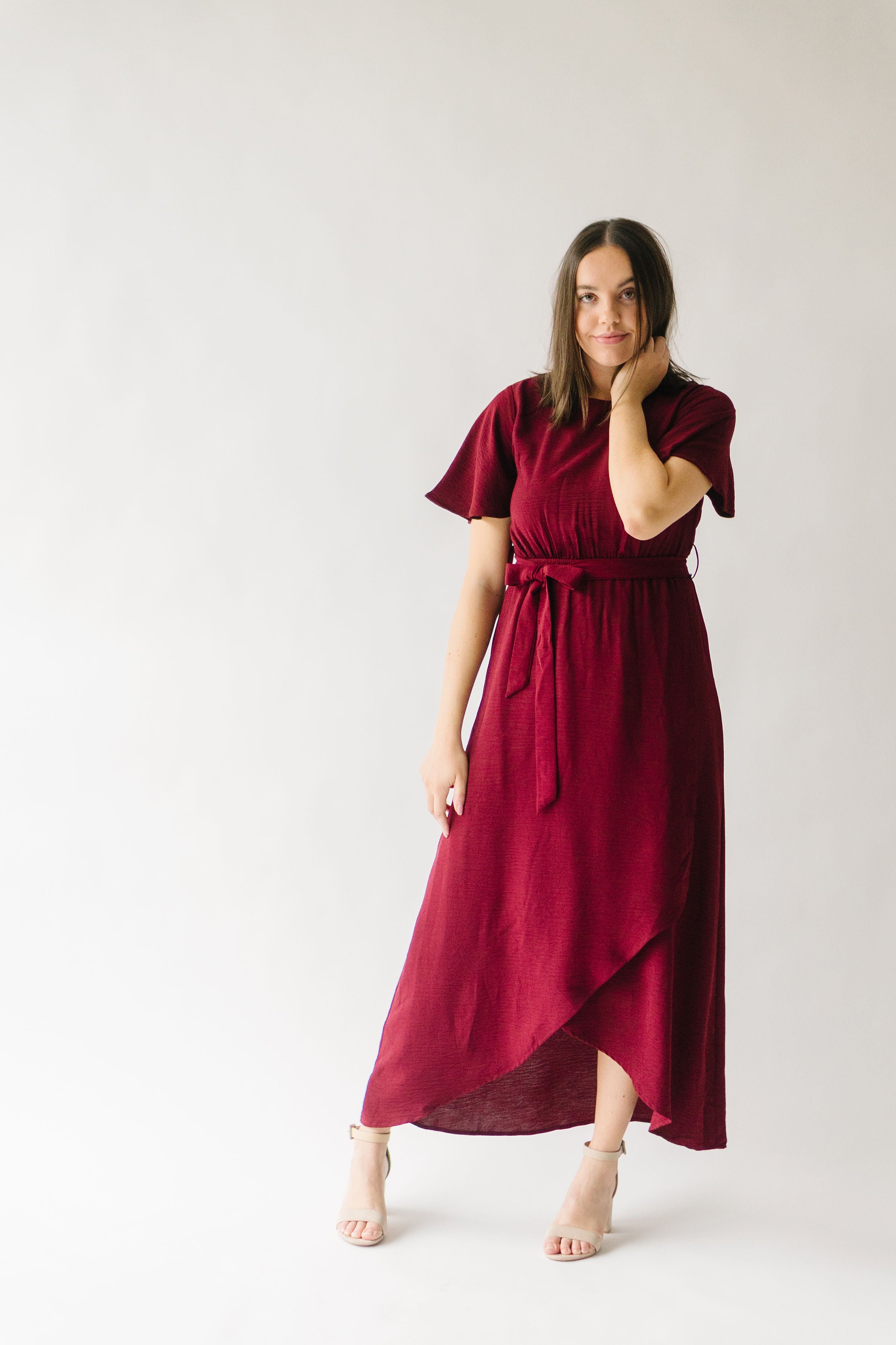 The Dell Woven Wrap Dress in Burgundy