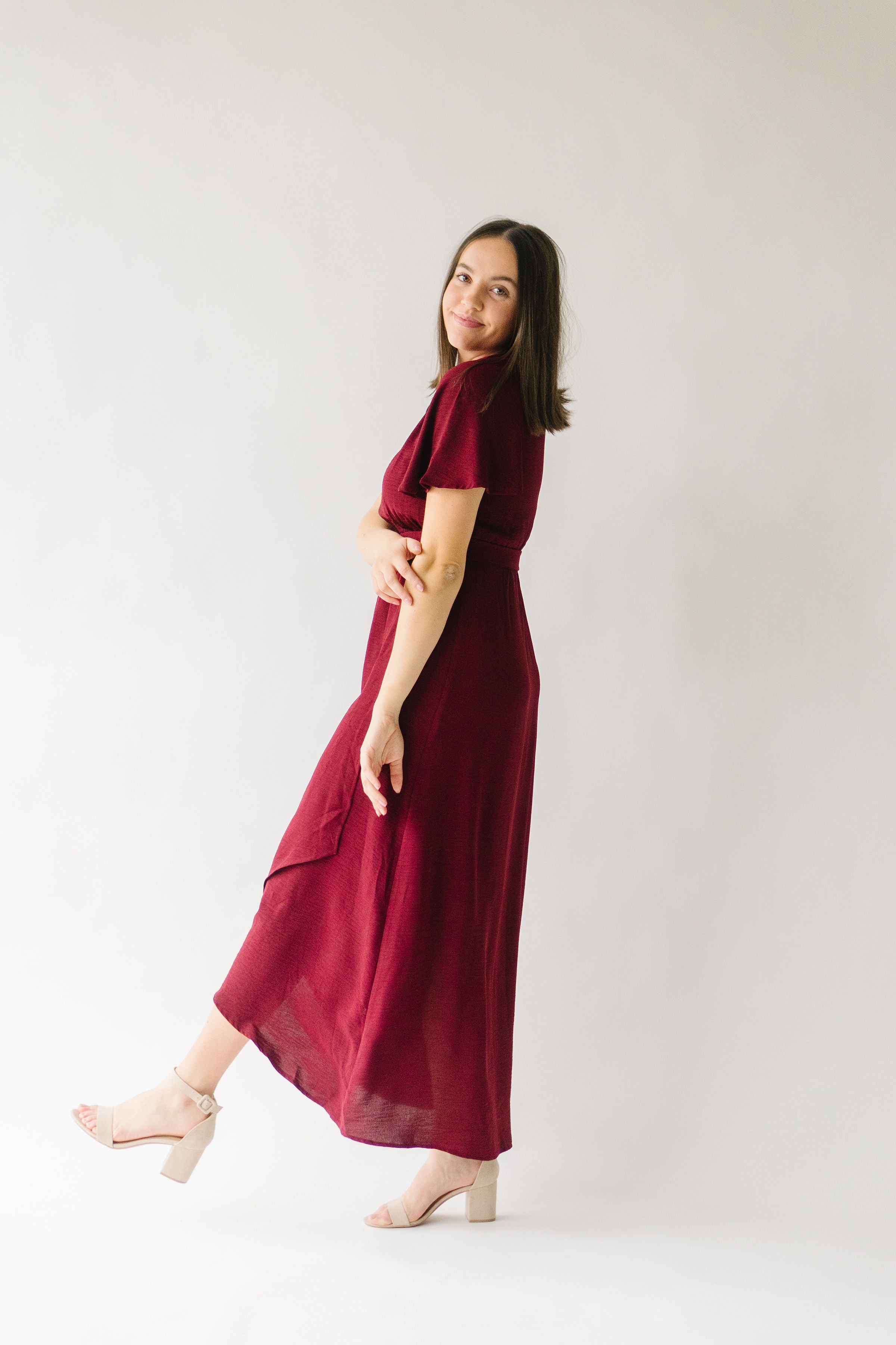 The Dell Woven Wrap Dress in Burgundy