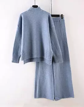 Two Piece Knit Soft Turtleneck Top Pants Set