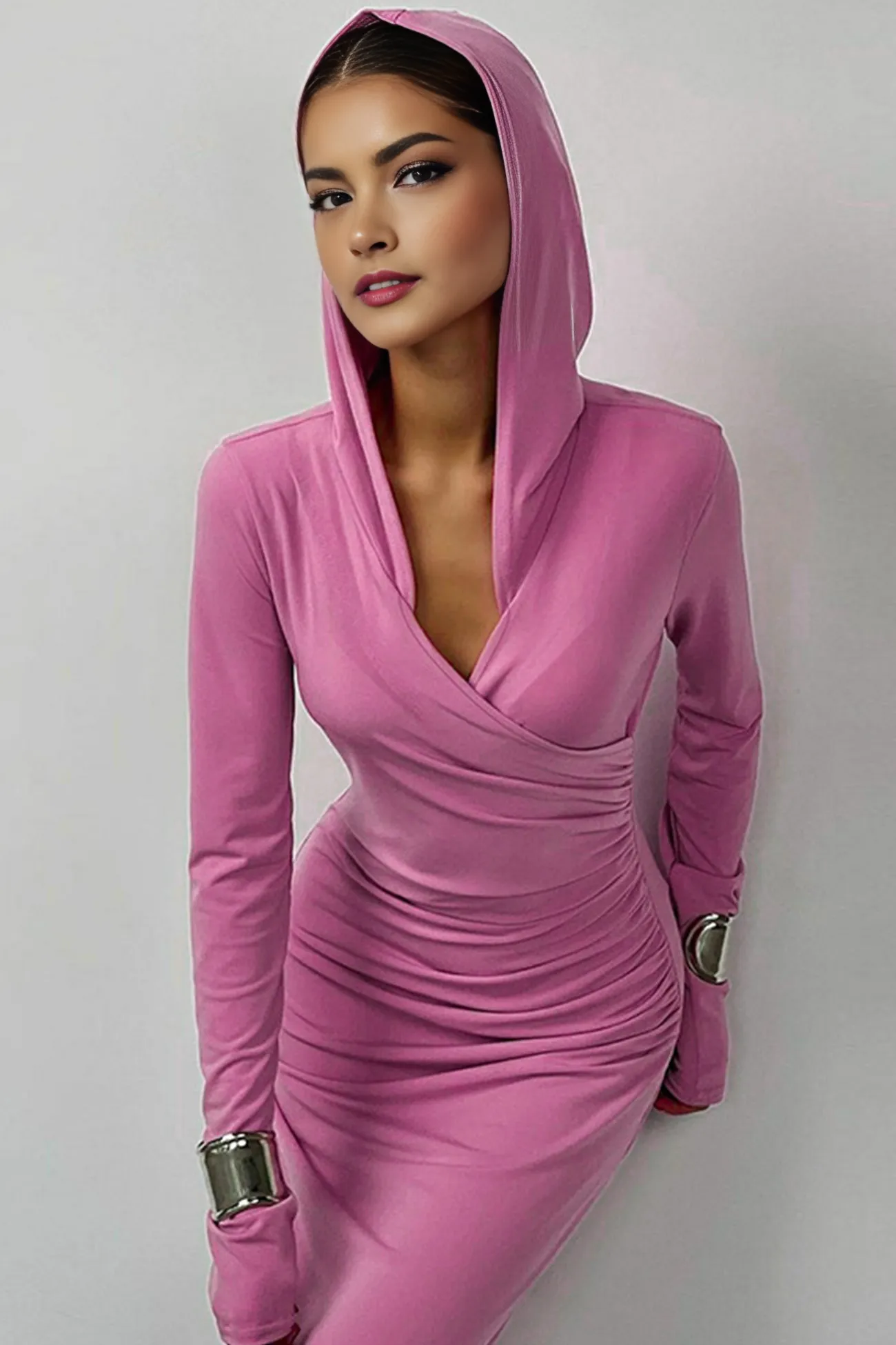 V Neck Gathering Hooded Dress