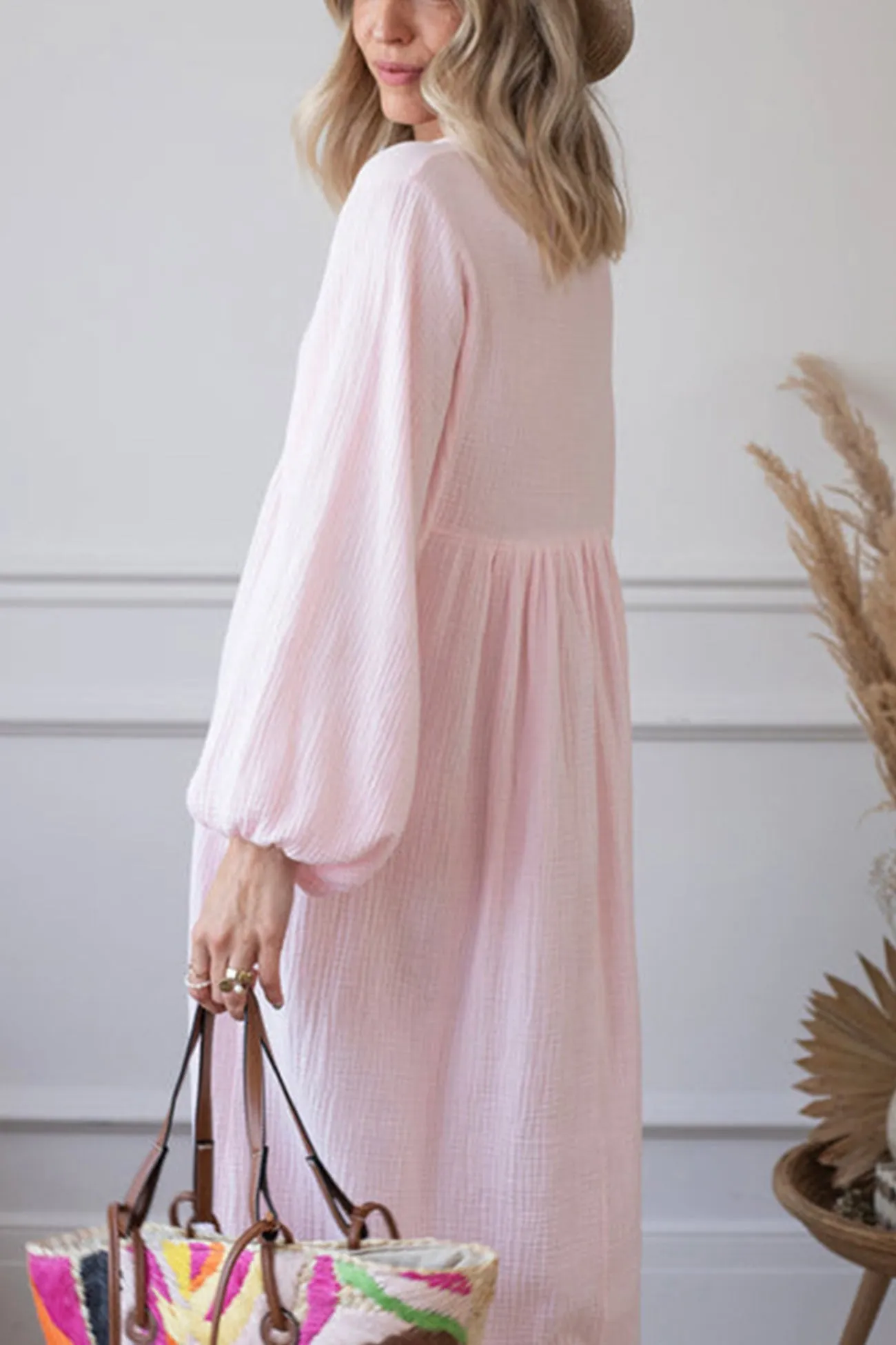 V Neck Lantern Sleeve Cotton Dress