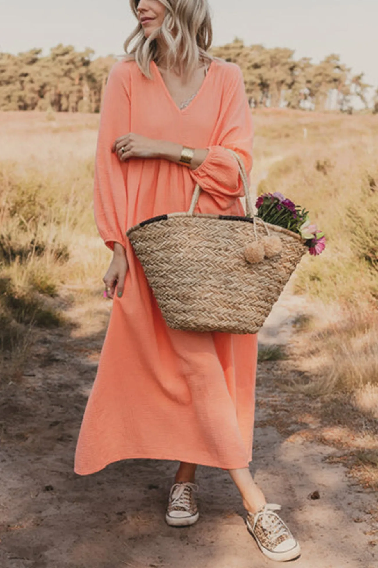 V Neck Lantern Sleeve Cotton Dress