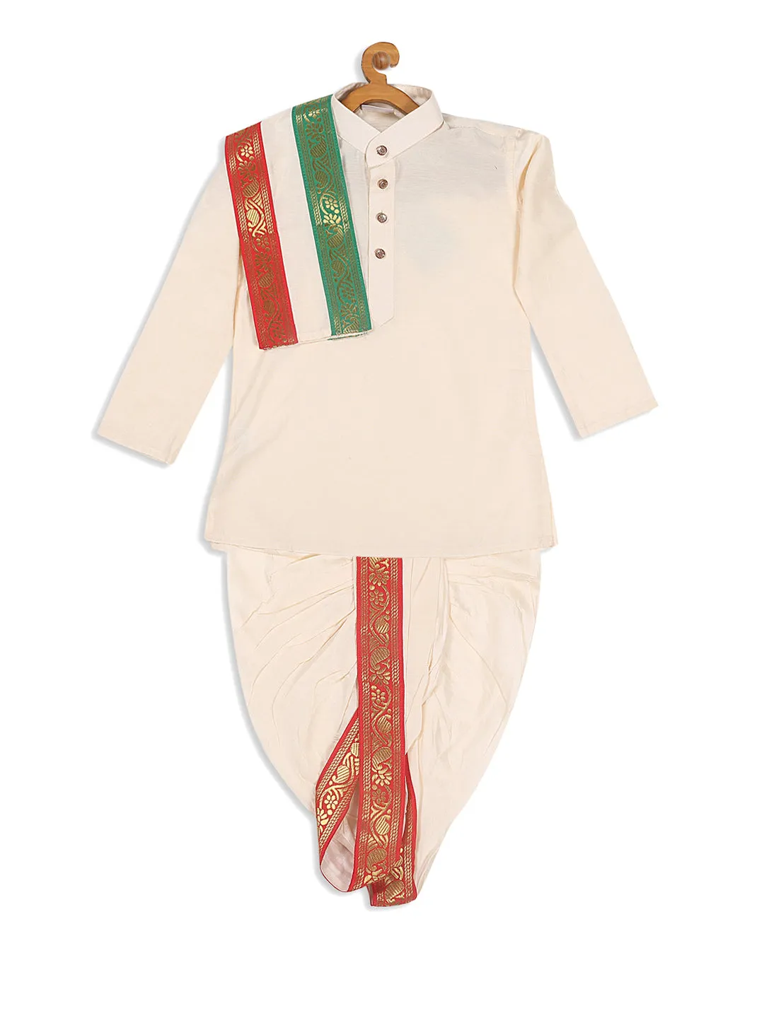 VASTRAMAY Boy's Cream-Colored Kurta With Dhoti Pants & Dupatta Set