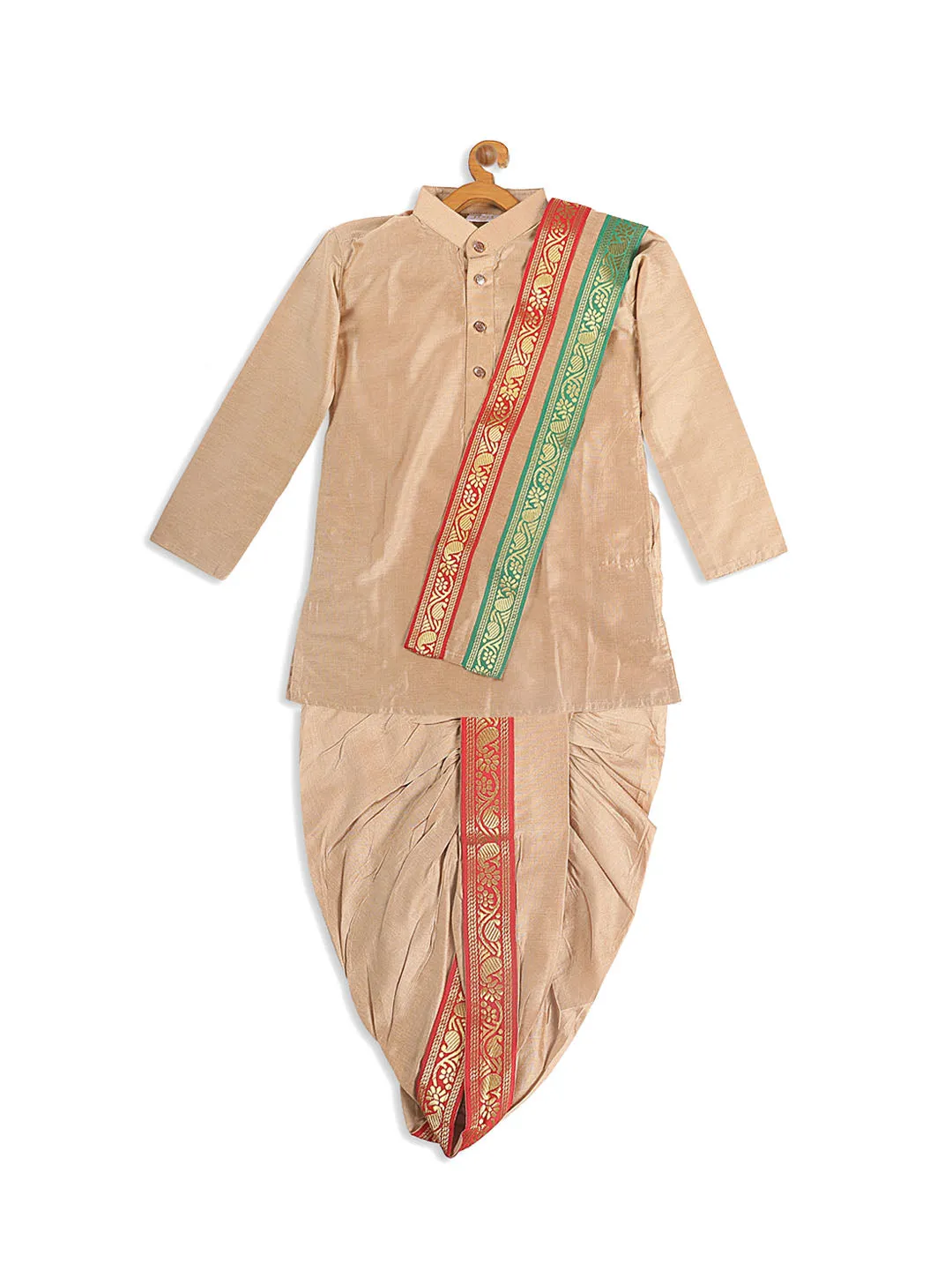 VASTRAMAY Boy's Rose Gold Kurta with Dhoti Pants & With Dupatta Set