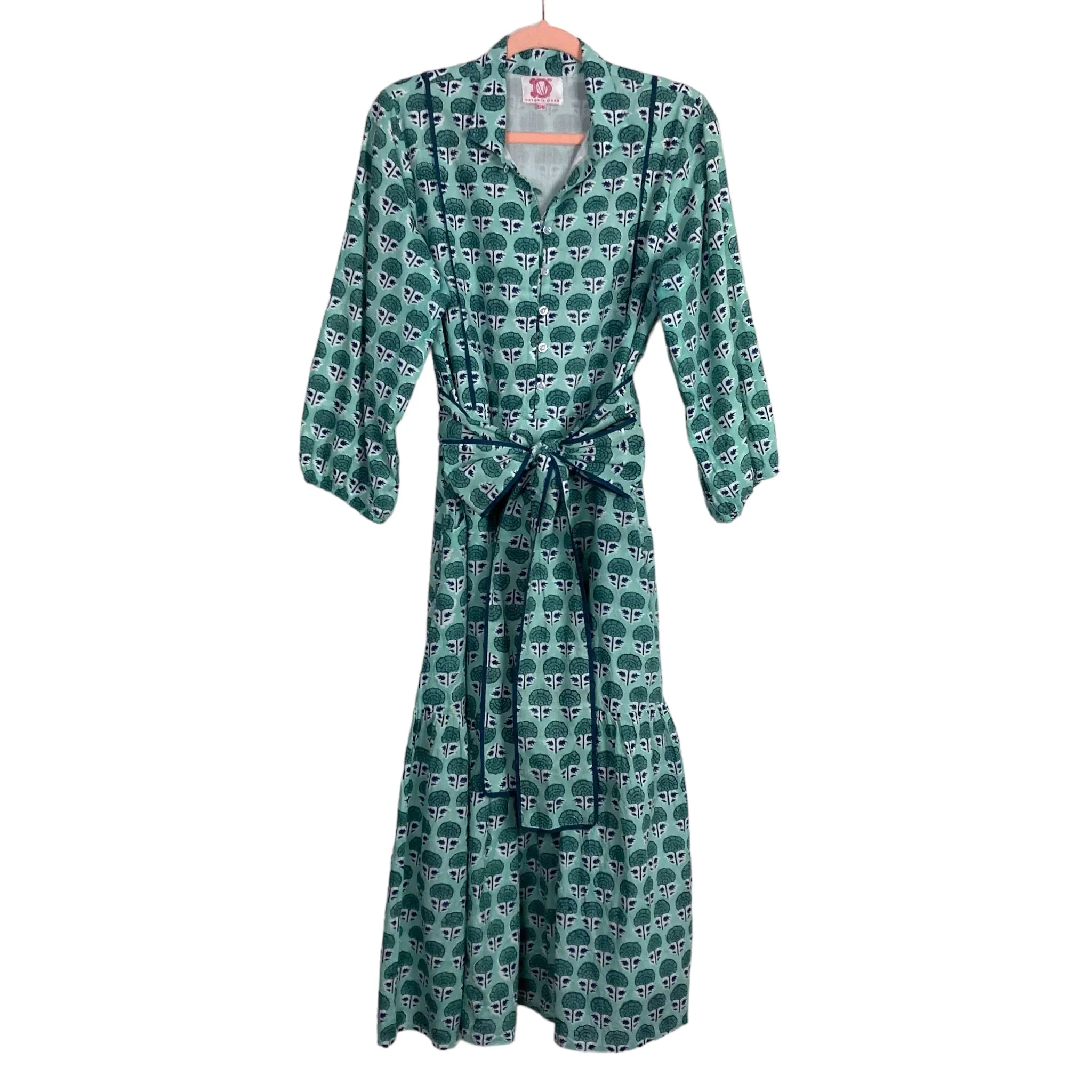 Victoria Dunn Sage/Forest Green Floral Print Button Front with Tie Belt Maxi Dress- Size XS/M