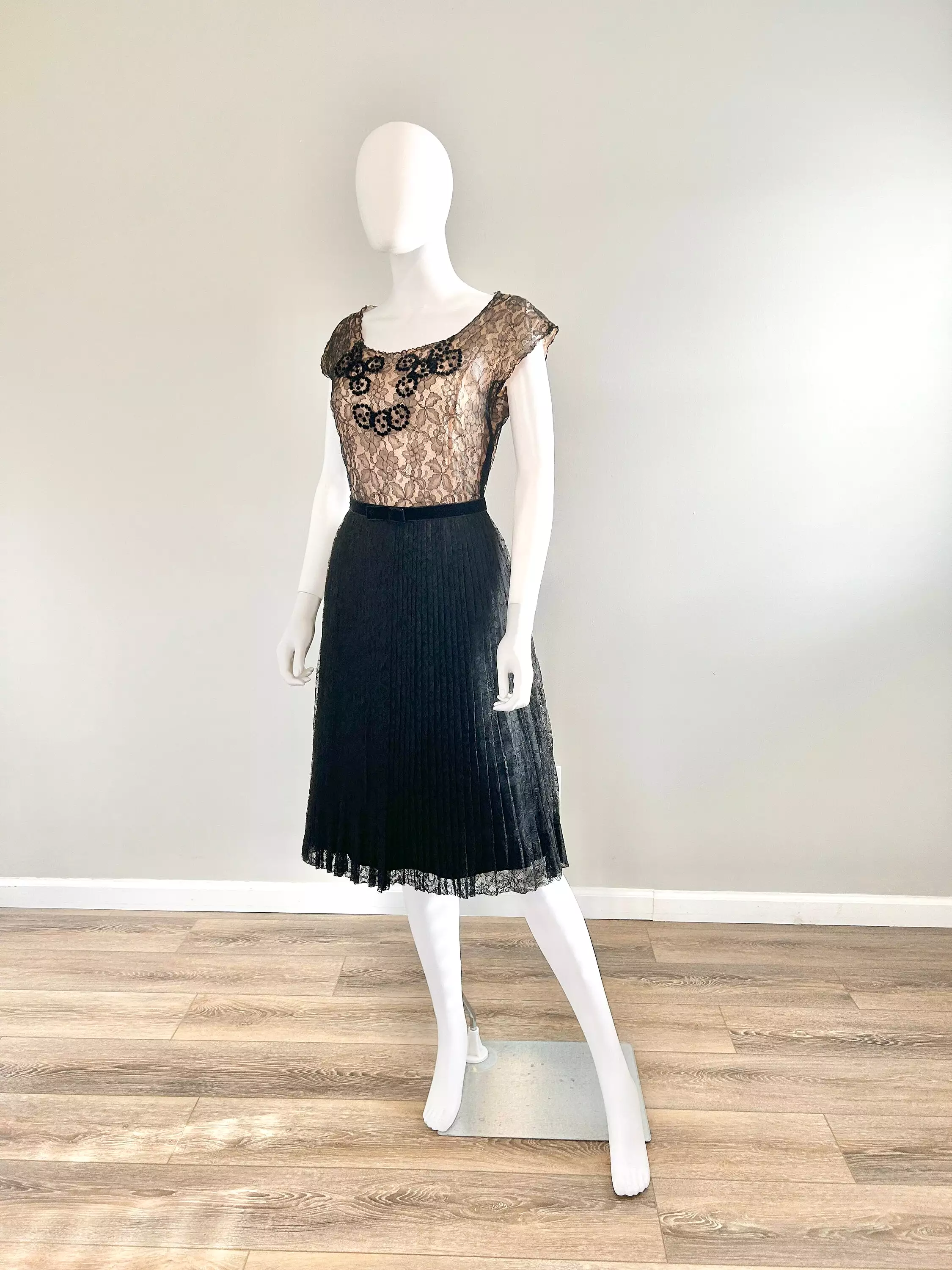 Vintage 1950s Black Lace Illusion Party Dress / 50s retro fit and flare dress / Size S