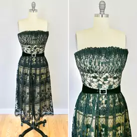 Vintage 1970s Victor Costa Dress / 70s black lace strapless party dress VLV size XS S