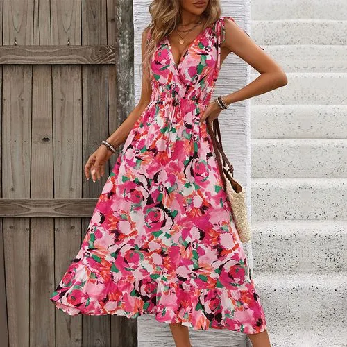 Women's Regular Dress Vacation V Neck Sleeveless Printing Midi Dress Holiday Beach