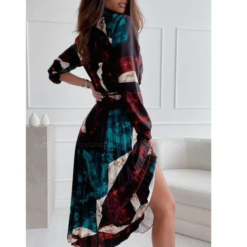 Women's Shirt Dress Elegant Turndown Long Sleeve Color Block Midi Dress Daily