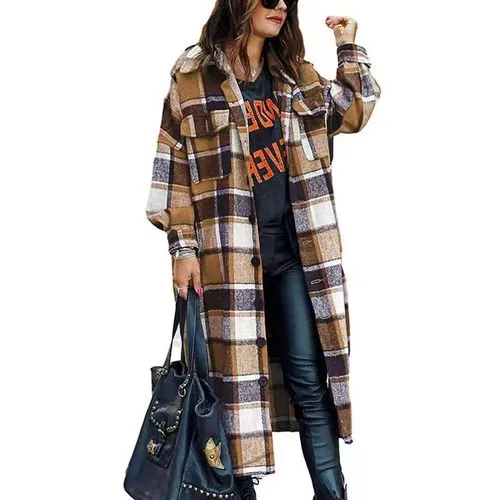 Women's Vintage Style Plaid Printing Pocket Single Breasted Blouse Coat