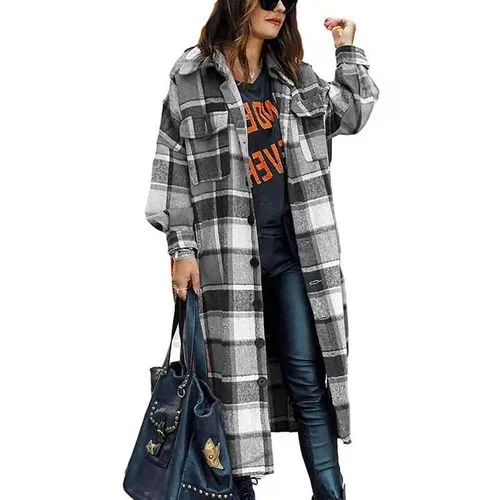 Women's Vintage Style Plaid Printing Pocket Single Breasted Blouse Coat