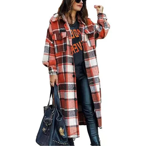 Women's Vintage Style Plaid Printing Pocket Single Breasted Blouse Coat