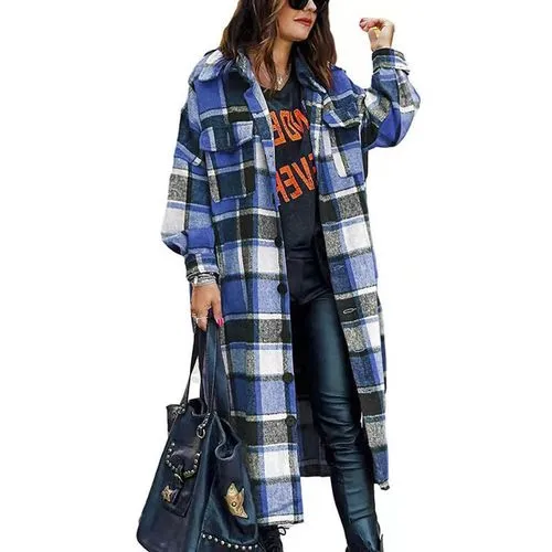 Women's Vintage Style Plaid Printing Pocket Single Breasted Blouse Coat