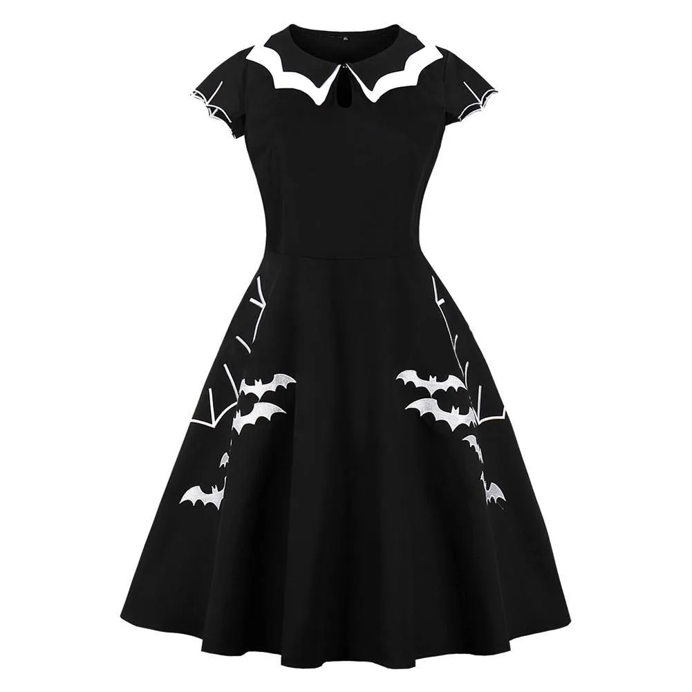 Women's Plus Size Bat Spider Web Embroidery Halloween Vintage Dress