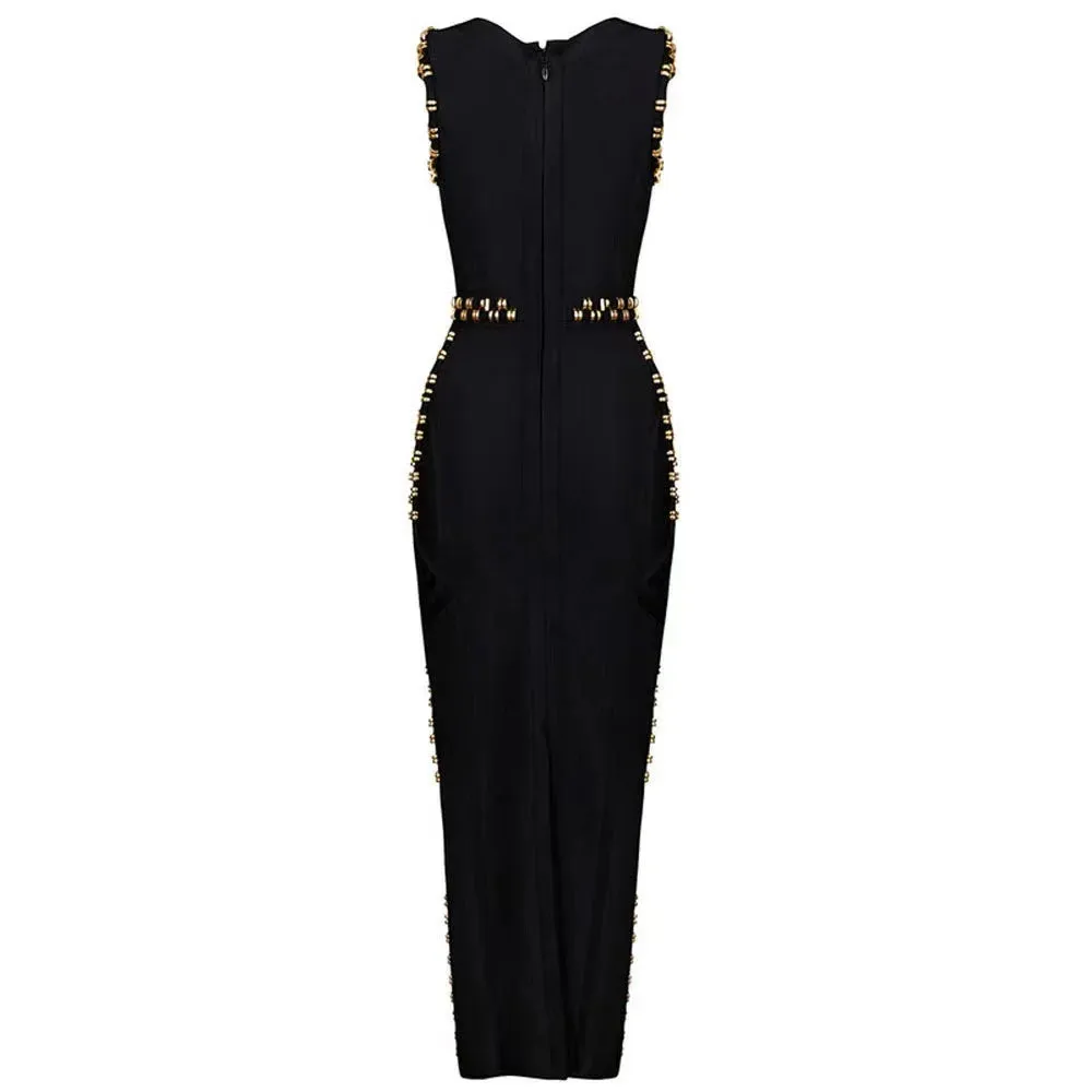 Women's Round Neck Sleeveless Metal Studded Slim Fit Split Bandage Dress