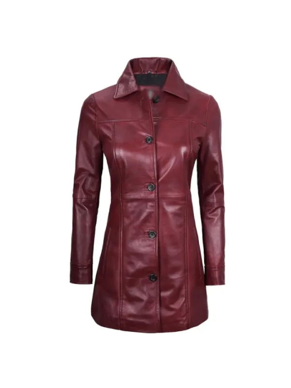 Womens Shirt Style Maroon Leather Coat